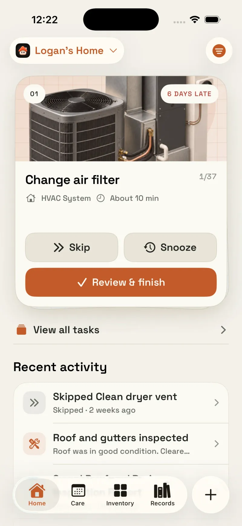 Housetto home dashboard showing an overdue HVAC air filter task and recent maintenance activity